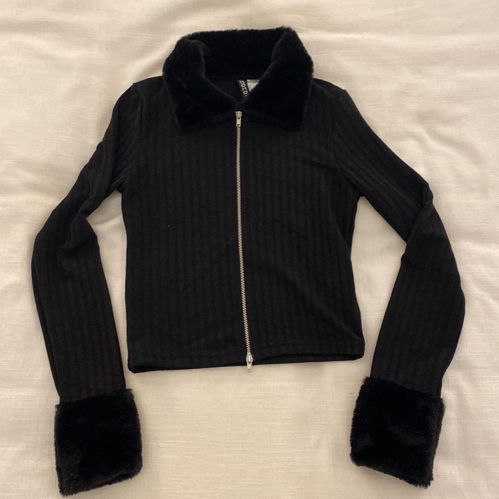 H&M Black Long Sleeve Zip Up with Fur Trimmed Collar and Cuffs